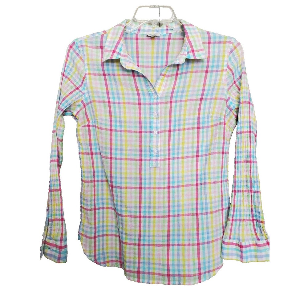 Talbots Cotton Gauzy Multicolor Pastel Plaid Henley Popover Size MEDIUM Beachy